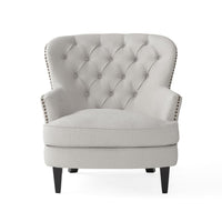 Clen 2pc Club Accent Chair and Ottoman, Tufted Light Gray, Brown Wood Legs -BM321604
