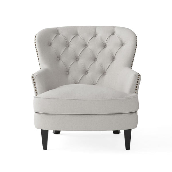 Clen 2pc Club Accent Chair and Ottoman, Tufted Light Gray, Brown Wood Legs -BM321604