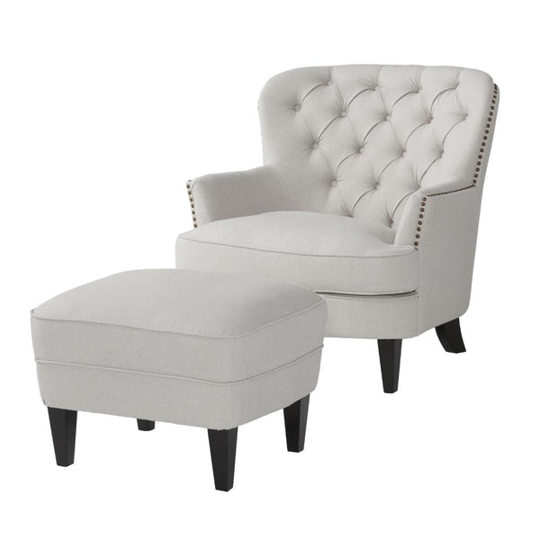 Clen 2pc Club Accent Chair and Ottoman, Tufted Light Gray, Brown Wood Legs