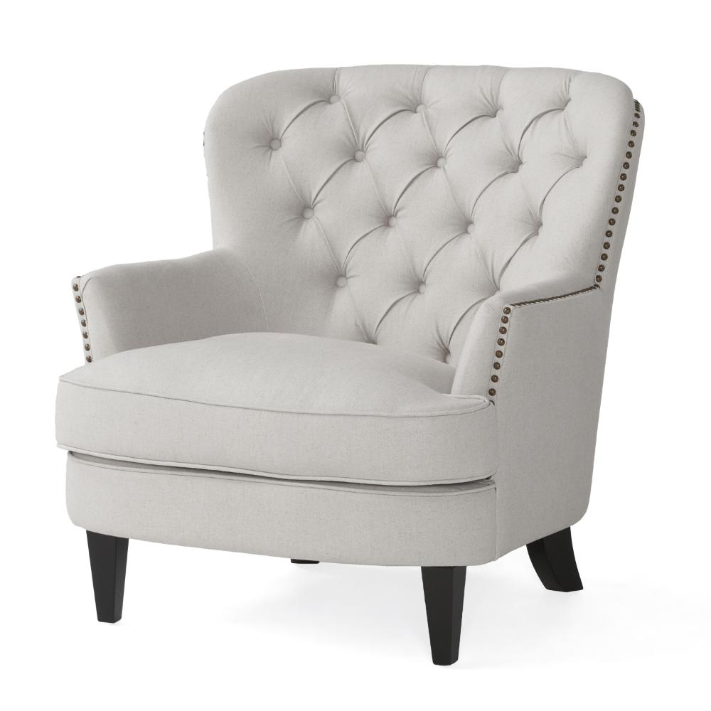 Clen 2pc Club Accent Chair and Ottoman, Tufted Light Gray, Brown Wood Legs -BM321604