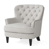 Clen 2pc Club Accent Chair and Ottoman, Tufted Light Gray, Brown Wood Legs -BM321604