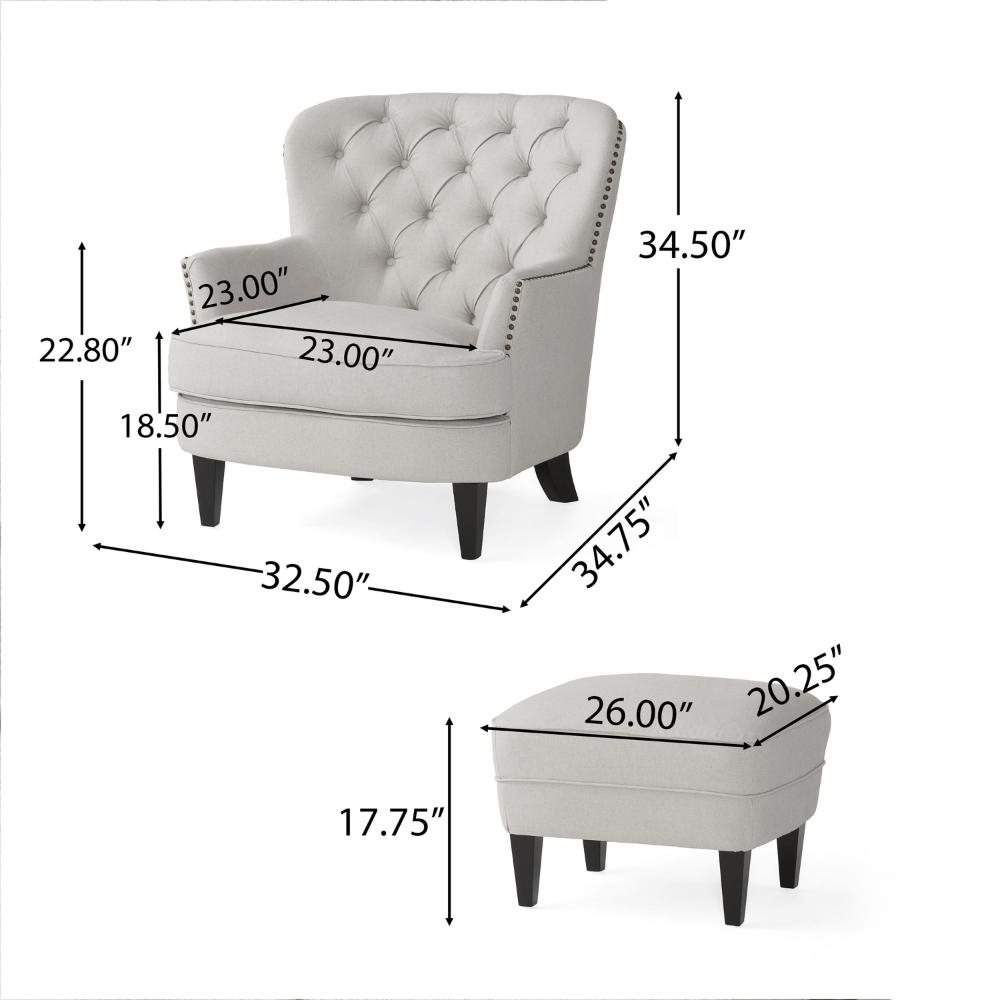 Clen 2pc Club Accent Chair and Ottoman, Tufted Light Gray, Brown Wood Legs -BM321604