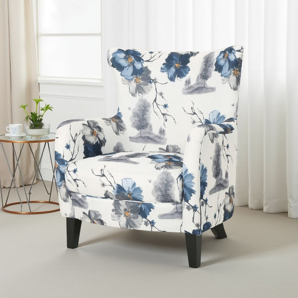 Riyank Wingback Armchair, White Blue Gray Floral Design, Black Wood Legs -BM321605