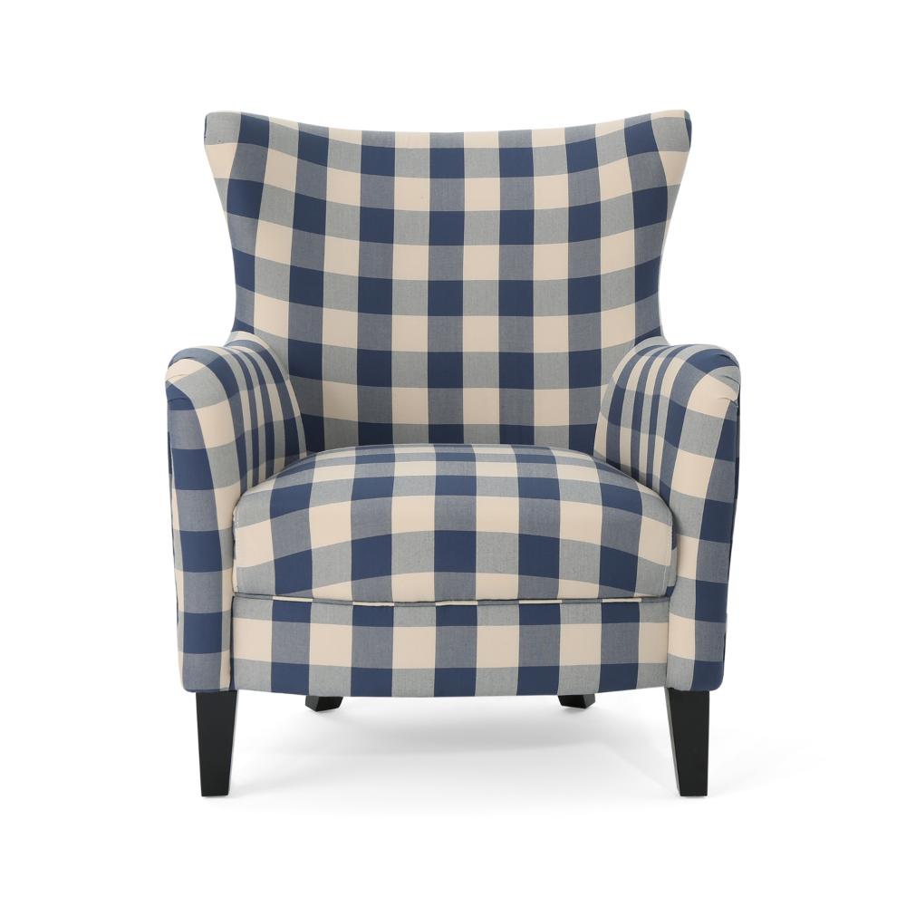 Riyank Accent Armchair, Classic Wingback Blue and White Checkered Print -BM321606