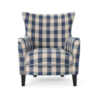 Riyank Accent Armchair, Classic Wingback Blue and White Checkered Print -BM321606