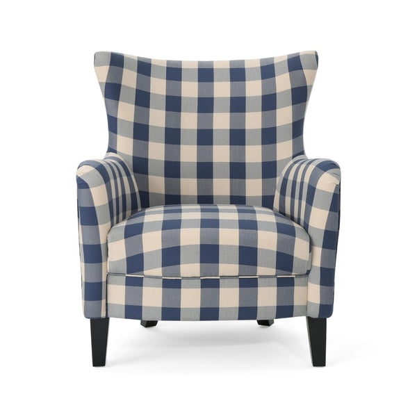 Riyank Accent Armchair, Classic Wingback Blue and White Checkered Print -BM321606