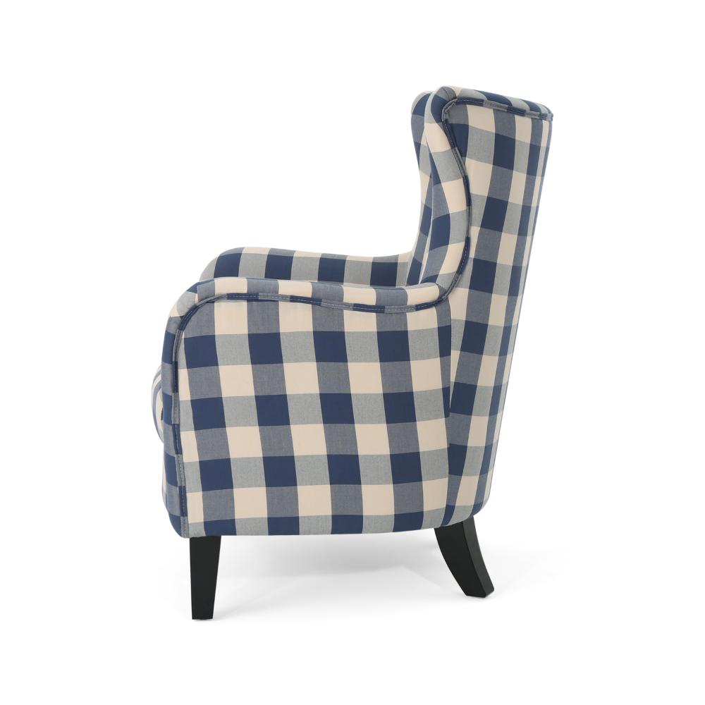 Riyank Accent Armchair, Classic Wingback Blue and White Checkered Print -BM321606