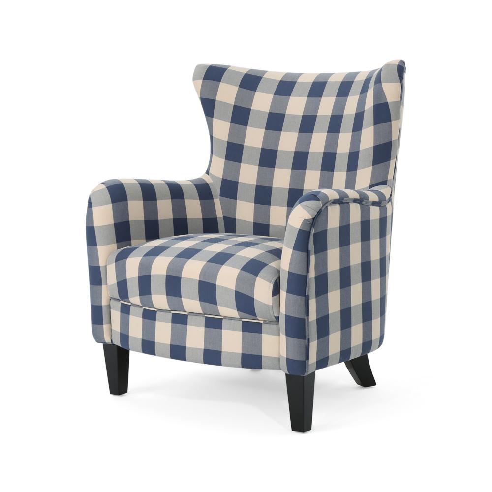 Riyank Accent Armchair, Classic Wingback Blue and White Checkered Print