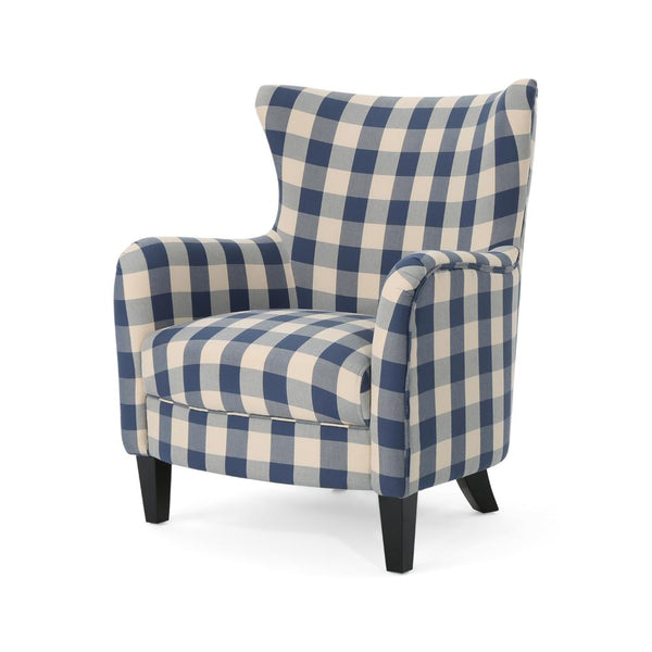 Riyank Accent Armchair, Classic Wingback Blue and White Checkered Print