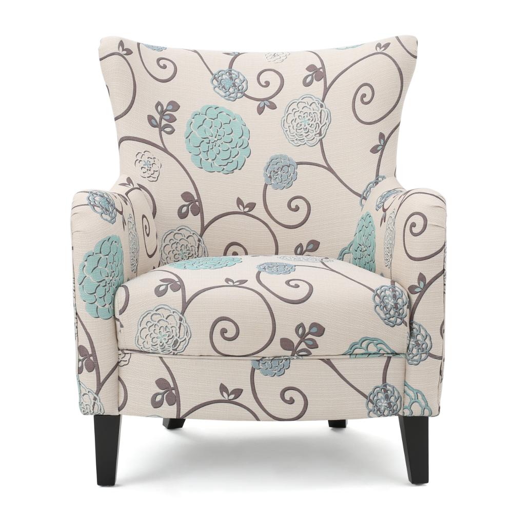 Riyank Accent Armchair, White Teal and Gray Floral, Wingback, Black Wood -BM321608