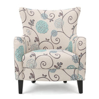 Riyank Accent Armchair, White Teal and Gray Floral, Wingback, Black Wood -BM321608