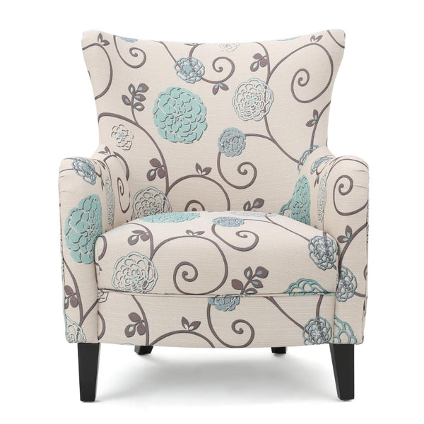 Riyank Accent Armchair, White Teal and Gray Floral, Wingback, Black Wood -BM321608