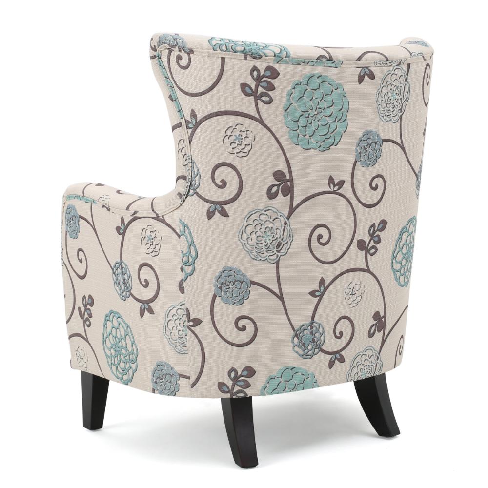 Riyank Accent Armchair, White Teal and Gray Floral, Wingback, Black Wood -BM321608