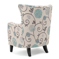 Riyank Accent Armchair, White Teal and Gray Floral, Wingback, Black Wood -BM321608