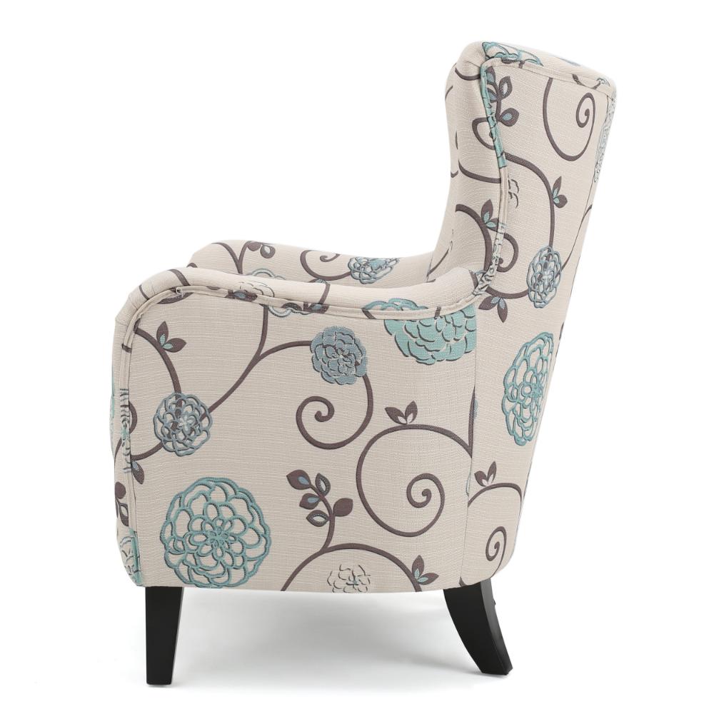 Riyank Accent Armchair, White Teal and Gray Floral, Wingback, Black Wood -BM321608
