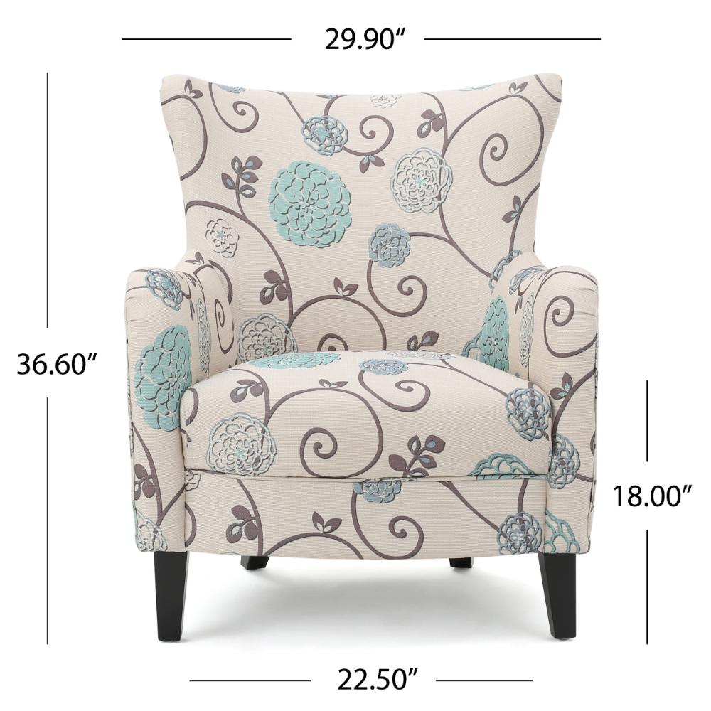 Riyank Accent Armchair, White Teal and Gray Floral, Wingback, Black Wood -BM321608