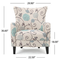 Riyank Accent Armchair, White Teal and Gray Floral, Wingback, Black Wood -BM321608
