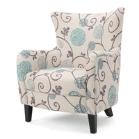 Riyank Accent Armchair, White Teal and Gray Floral, Wingback, Black Wood -BM321608