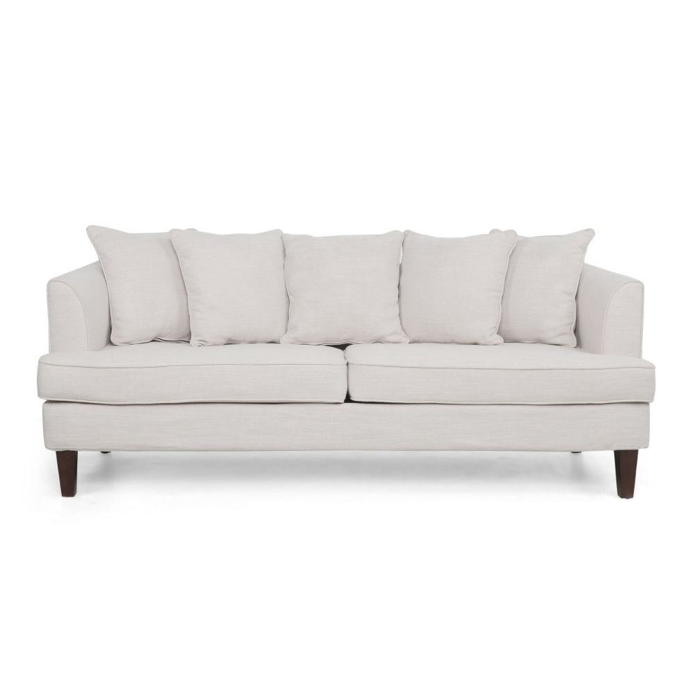 Zuko 74 Inch 3 Seater Sofa, Beige Fabric, 5 Accent Pillows, Wood Legs -BM321609