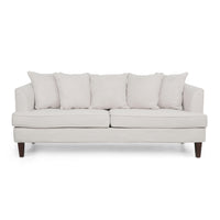 Zuko 74 Inch 3 Seater Sofa, Beige Fabric, 5 Accent Pillows, Wood Legs -BM321609
