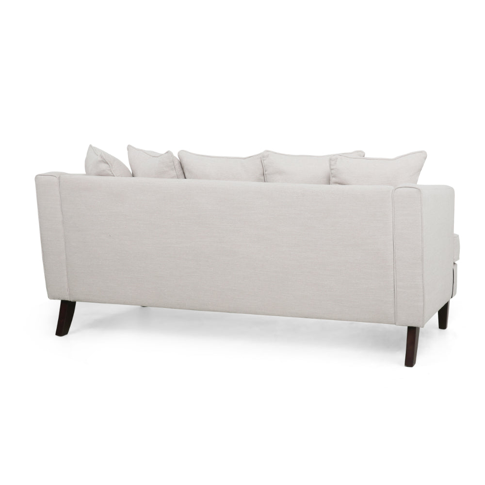 Zuko 74 Inch 3 Seater Sofa, Beige Fabric, 5 Accent Pillows, Wood Legs -BM321609