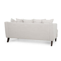 Zuko 74 Inch 3 Seater Sofa, Beige Fabric, 5 Accent Pillows, Wood Legs -BM321609