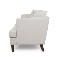 Zuko 74 Inch 3 Seater Sofa, Beige Fabric, 5 Accent Pillows, Wood Legs -BM321609