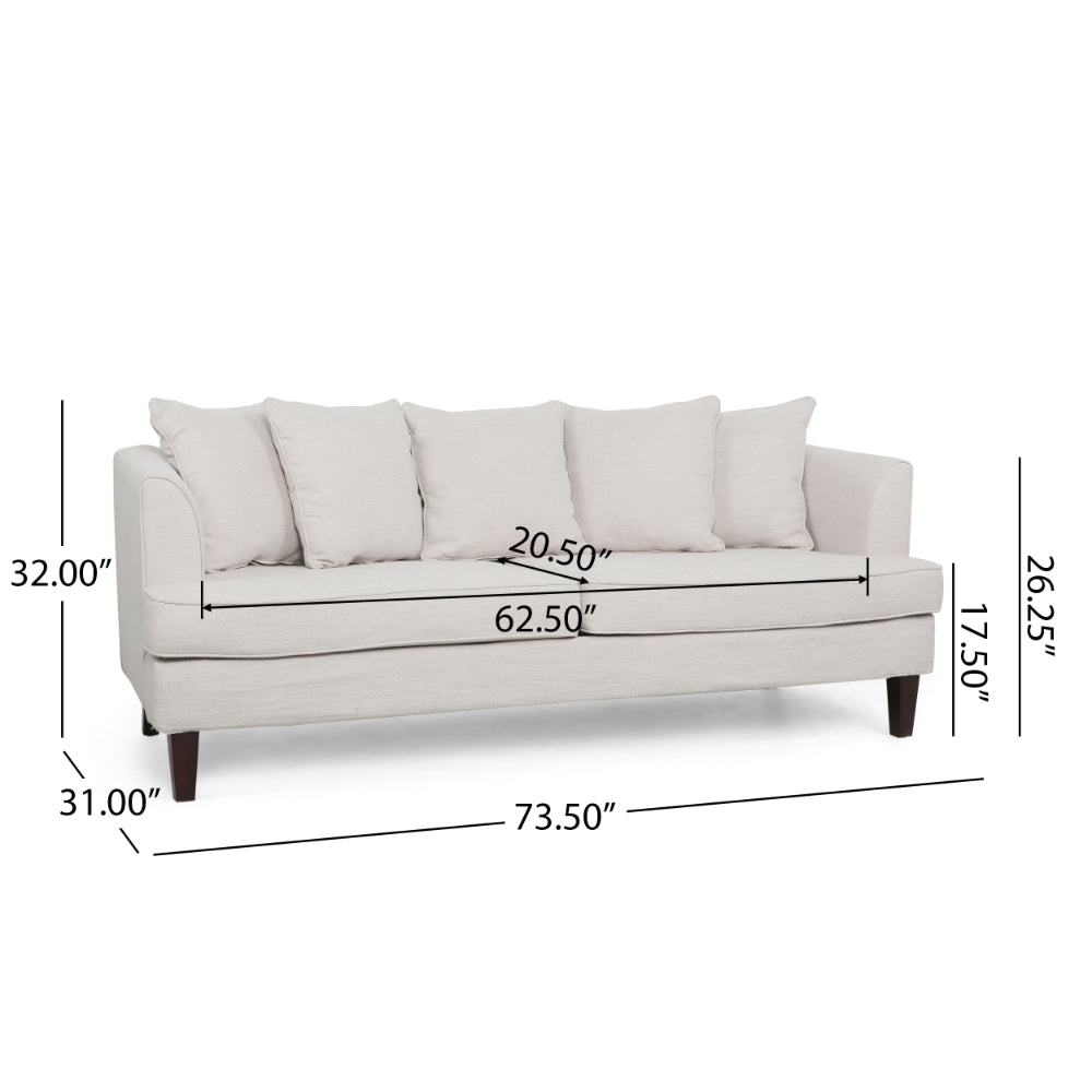 Zuko 74 Inch 3 Seater Sofa, Beige Fabric, 5 Accent Pillows, Wood Legs -BM321609