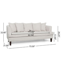 Zuko 74 Inch 3 Seater Sofa, Beige Fabric, 5 Accent Pillows, Wood Legs -BM321609