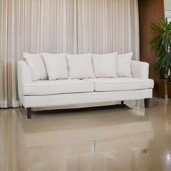 Zuko 74 Inch 3 Seater Sofa, Beige Fabric, 5 Accent Pillows, Wood Legs -BM321609