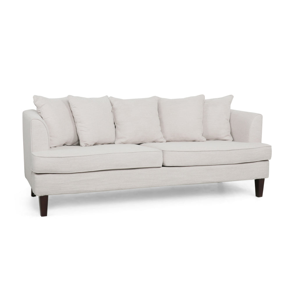 Zuko 74 Inch 3 Seater Sofa, Beige Fabric, 5 Accent Pillows, Wood Legs -BM321609