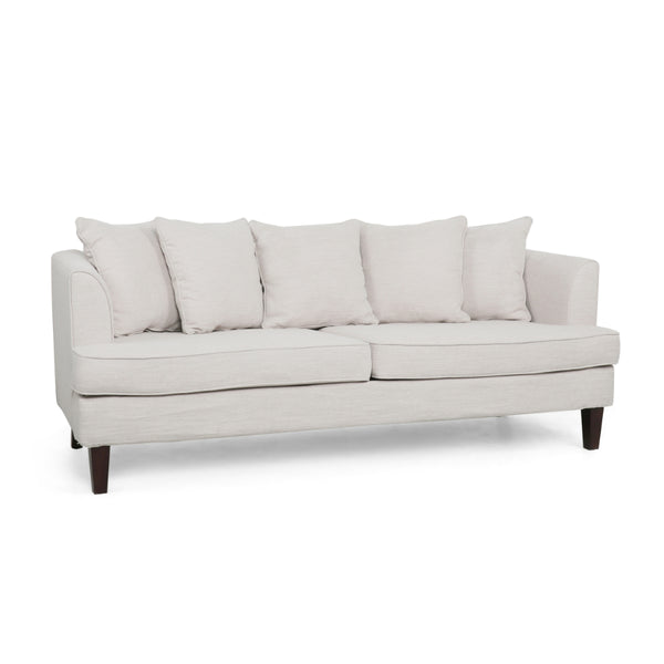 Zuko 74 Inch 3 Seater Sofa, Beige Fabric, 5 Accent Pillows, Wood Legs -BM321609