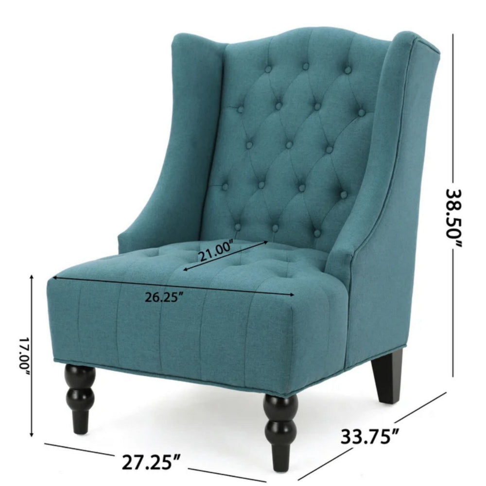 Todd Accent Chair, Teal Blue Button Tufted Fabric, Classic Wingback Design -BM321616