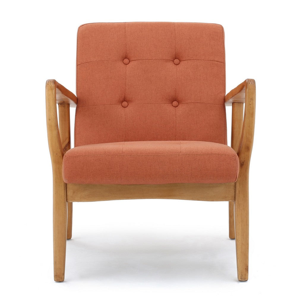 Mimi Accent Chair, Orange Fabric, Button Tufted Backrest, Light Brown Wood -BM321623