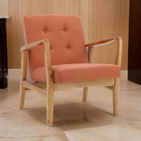 Mimi Accent Chair, Orange Fabric, Button Tufted Backrest, Light Brown Wood -BM321623