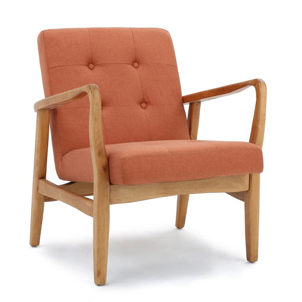 Mimi Accent Chair, Orange Fabric, Button Tufted Backrest, Light Brown Wood -BM321623