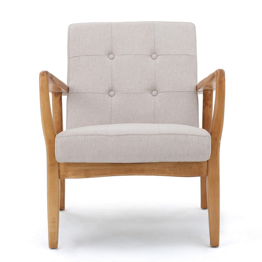 Mimi Accent Chair, Beige Fabric, Button Tufted Backrest, Light Brown Wood -BM321624
