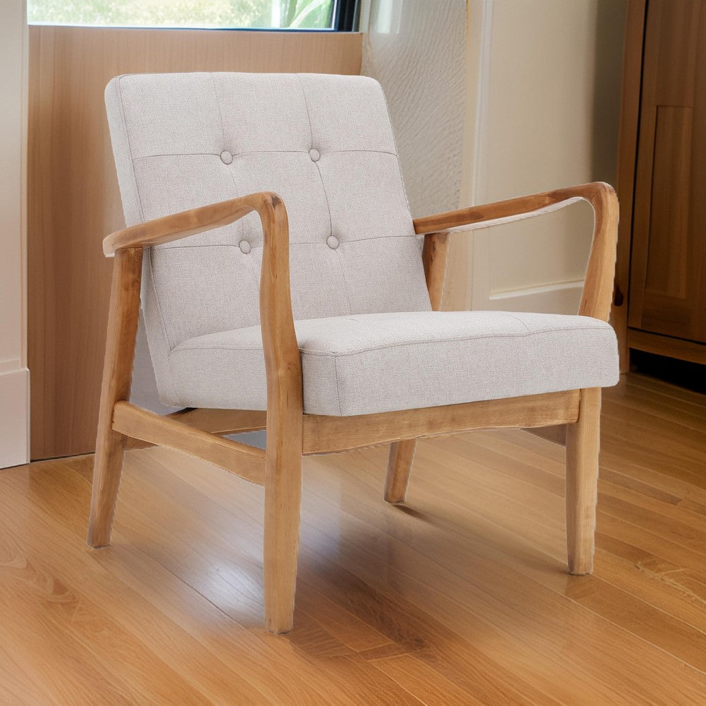 Mimi Accent Chair, Beige Fabric, Button Tufted Backrest, Light Brown Wood -BM321624