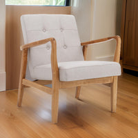Mimi Accent Chair, Beige Fabric, Button Tufted Backrest, Light Brown Wood -BM321624