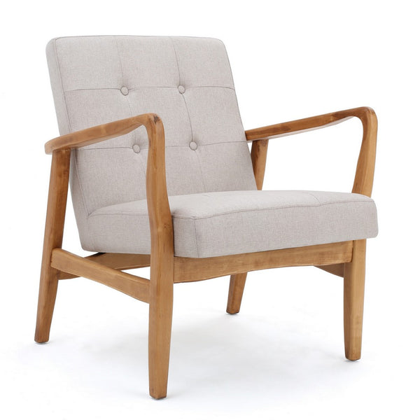 Mimi Accent Chair, Beige Fabric, Button Tufted Backrest, Light Brown Wood -BM321624