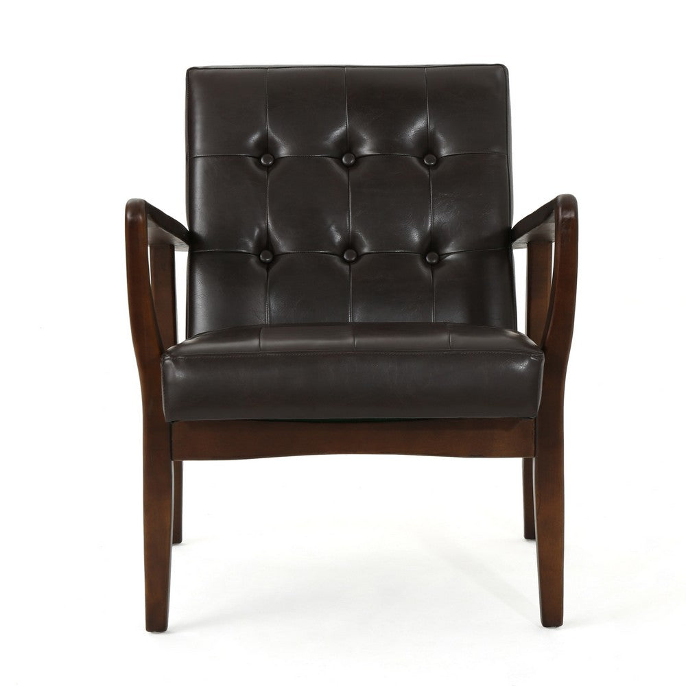 Mimi Accent Chair, Dark Brown Faux Leather and Wood, Button Tufted Backrest -BM321625