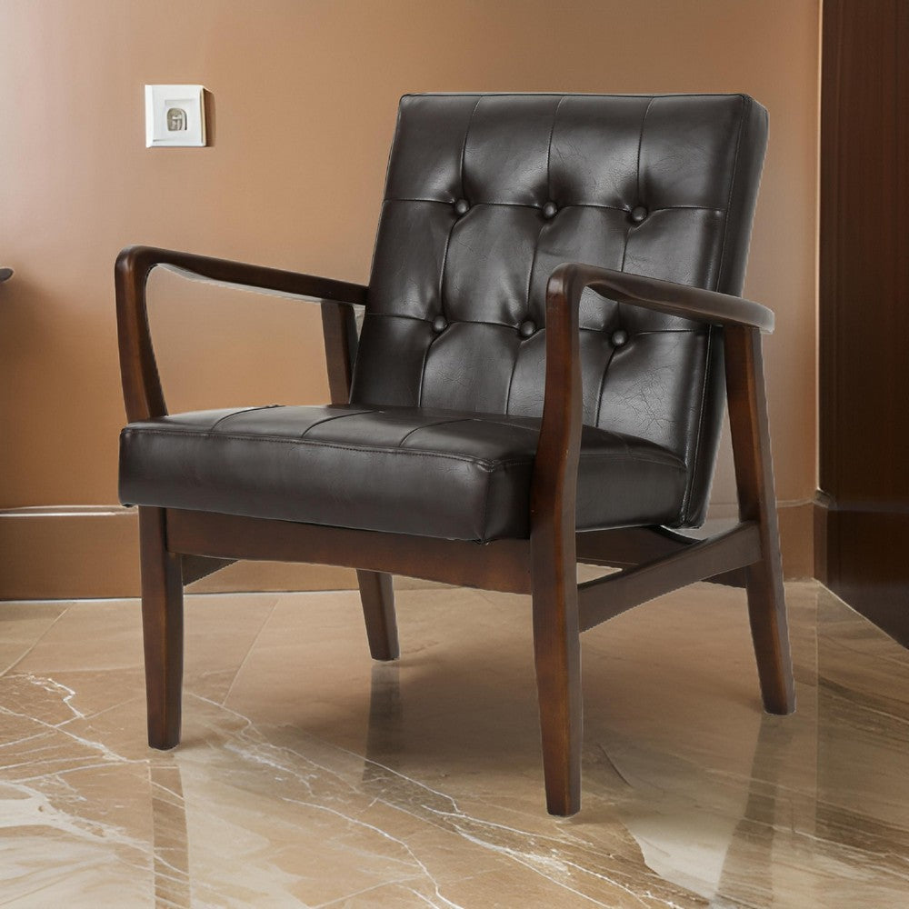 Mimi Accent Chair, Dark Brown Faux Leather and Wood, Button Tufted Backrest -BM321625