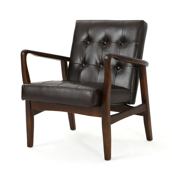 Mimi Accent Chair, Dark Brown Faux Leather and Wood, Button Tufted Backrest -BM321625