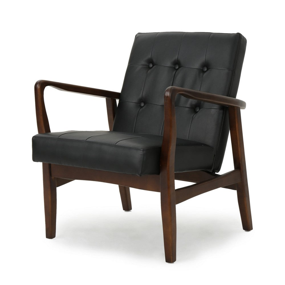 Mimi Accent Chair, Black Faux Leather, Brown Wood, Button Tufted Backrest -BM321626