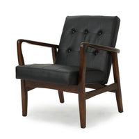 Mimi Accent Chair, Black Faux Leather, Brown Wood, Button Tufted Backrest -BM321626