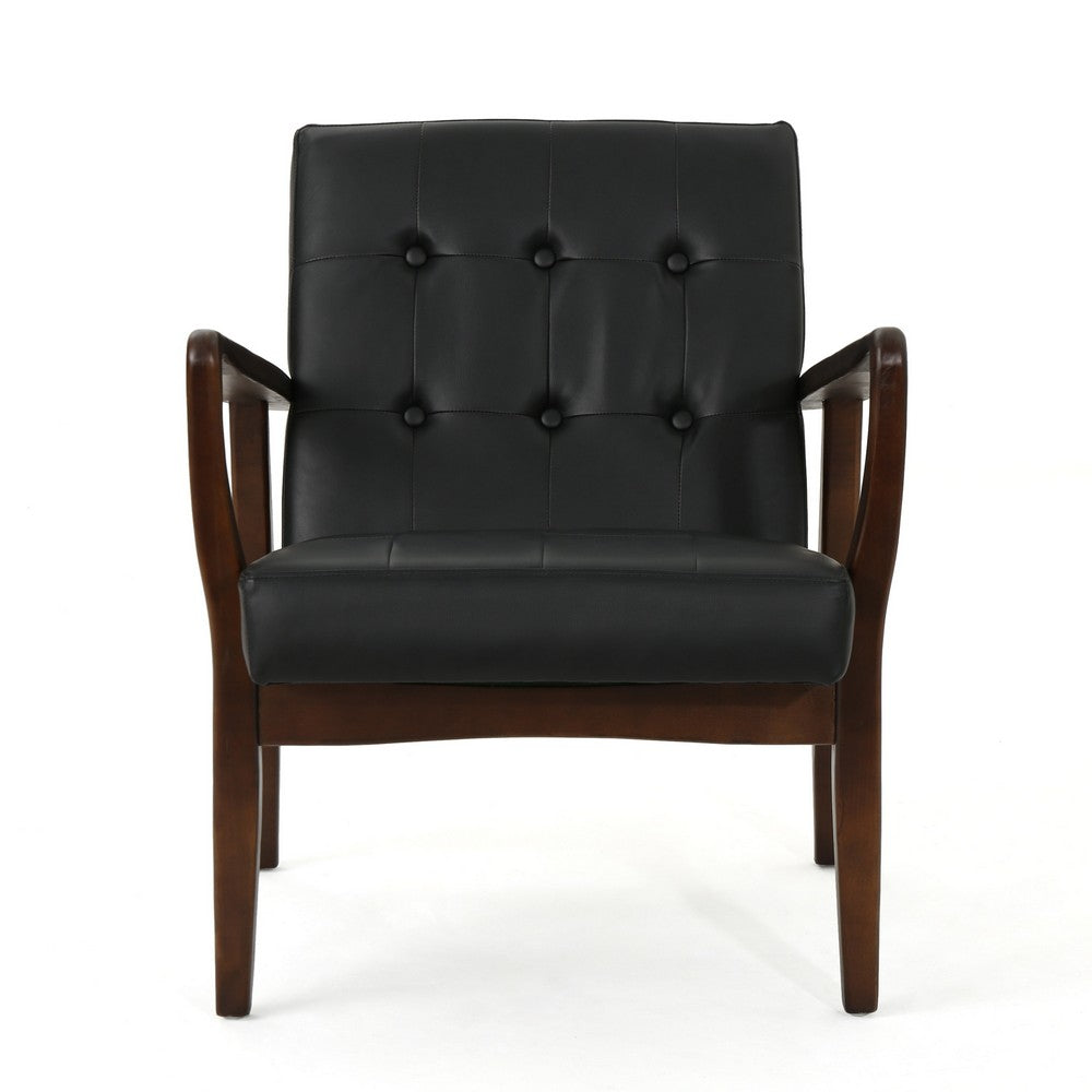 Mimi Accent Chair, Black Faux Leather, Brown Wood, Button Tufted Backrest -BM321626