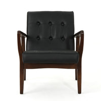 Mimi Accent Chair, Black Faux Leather, Brown Wood, Button Tufted Backrest -BM321626
