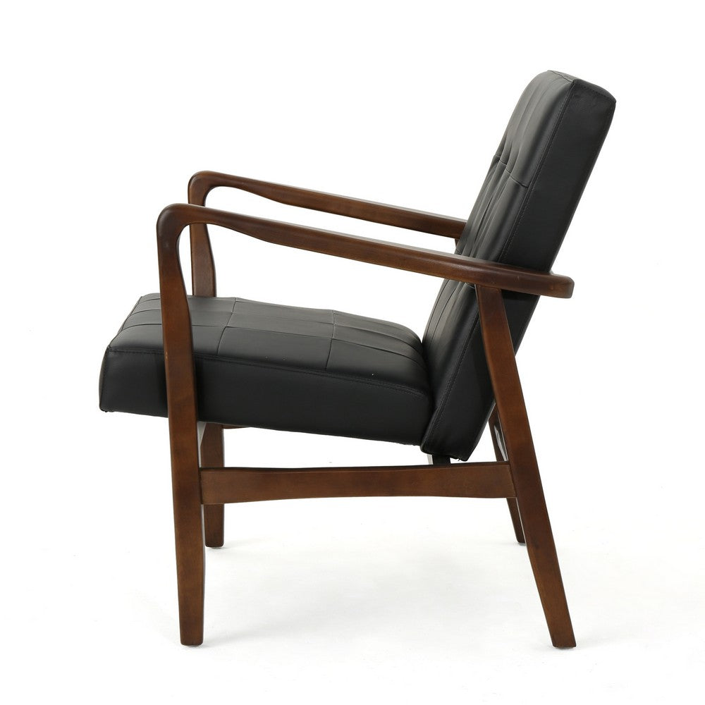 Mimi Accent Chair, Black Faux Leather, Brown Wood, Button Tufted Backrest -BM321626