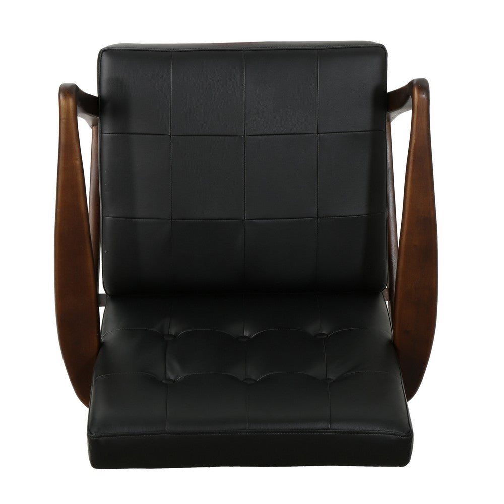 Mimi Accent Chair, Black Faux Leather, Brown Wood, Button Tufted Backrest -BM321626