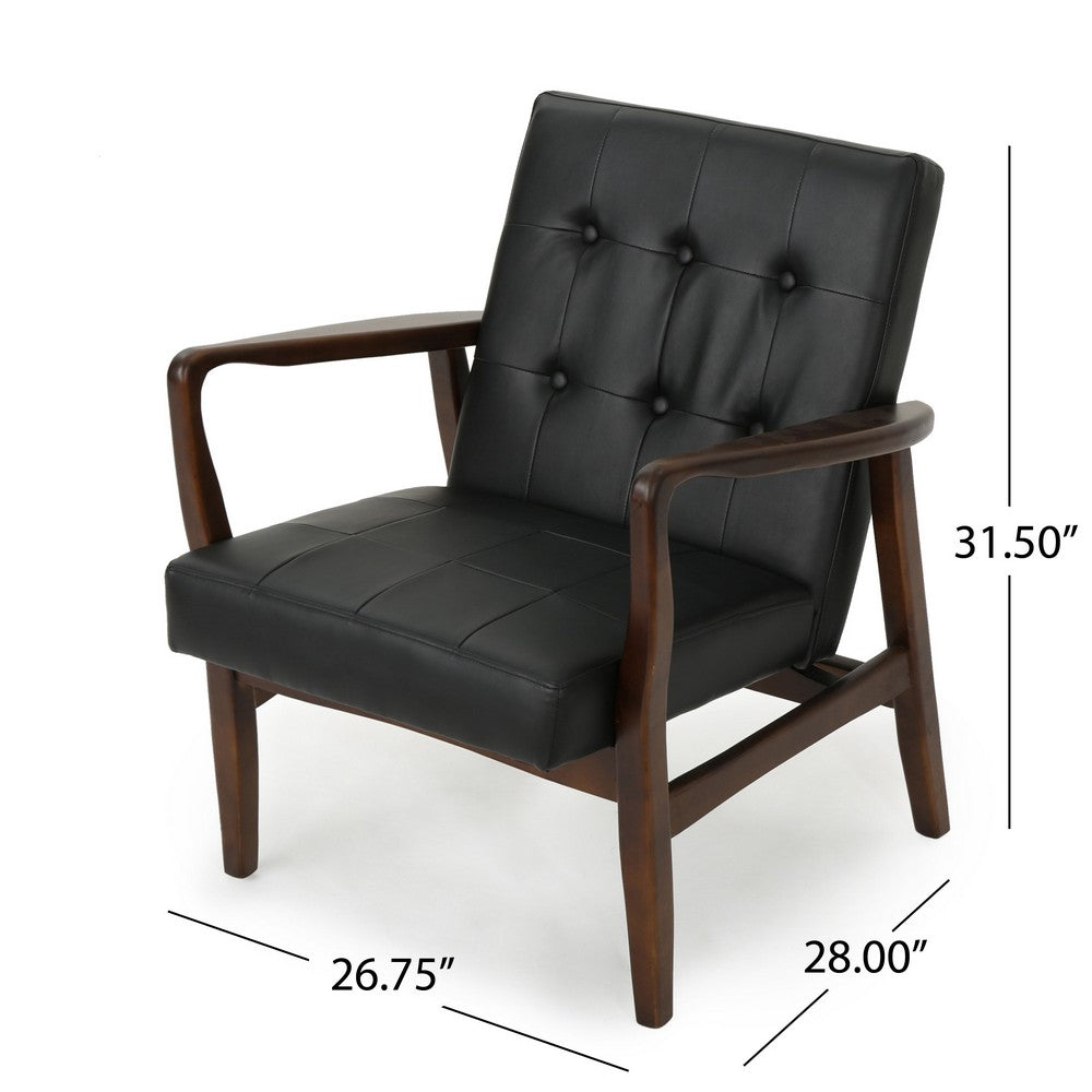 Mimi Accent Chair, Black Faux Leather, Brown Wood, Button Tufted Backrest -BM321626